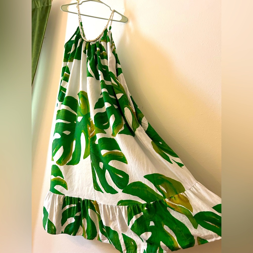 FARM Rio monstera maxi dress size L (spacious) linen viscose blend beaded neck